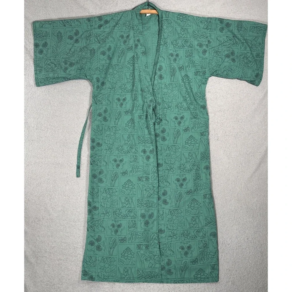 Vintage Women's‎ Emerald Green Kimono Robe Framed Botanical Patchwork Print MCM
